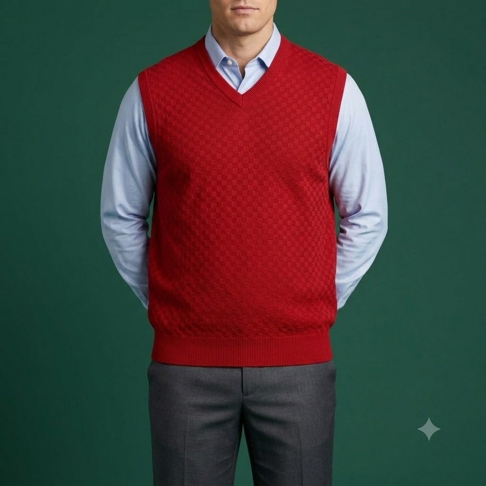 Greg Norman Mens Sweater Vest XXL Red Checker Knit Cotton Modal V Neck